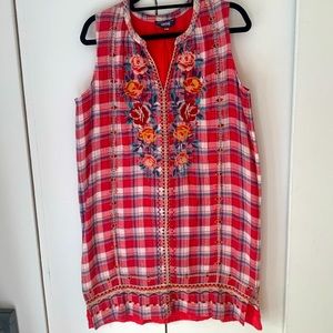 Johnny Was Embroidered Red Plaid Dress